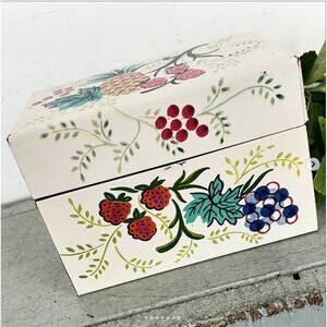 Vintage Tin Recipe Box Chein EMPTY Metal Fruit Pineapple Grape Card List Kitchen